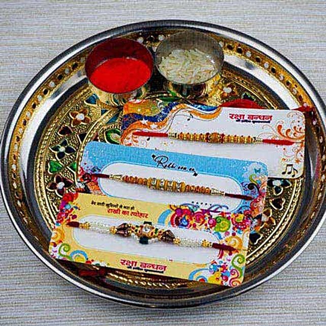 Three Family Rakhi Set with Puja Thali
