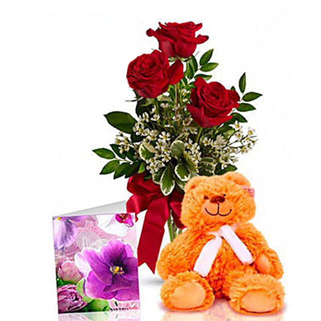 Three Red Roses With Teddy