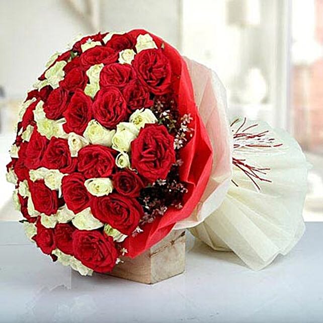 Bunch Of Red N White Roses